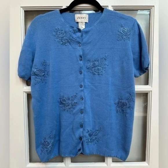 Vintage Jenny Floral Embroidery Beaded Blue Button Down Cardigan Sweater Size XL - Picture 1 of 9